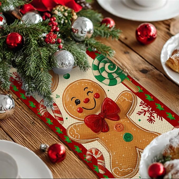 Christmas Gingerbread Table Runner 13x72 in Winter Table Runner Burlap Farmhouse Dining Tables Decoration with Candy Canes Red Green Christmas Design Holiday for Kitchen Dining Party Decor