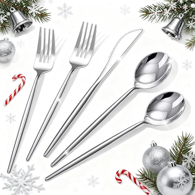 Rubtlamp 90Pcs Silver Christmas Plastic Silverware, Silver Plastic Christmas Utensils, Plastic Cutlery Include 30 Knives, 30 Forks and 30 Spoons, Silverware Heavy Duty For Party