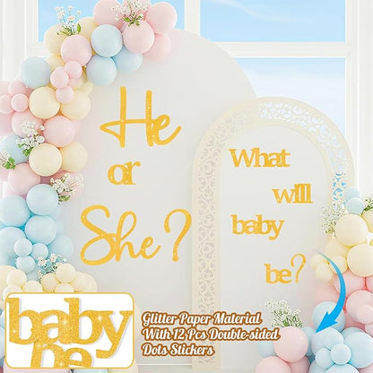Golden Glitter Paper Gender Reveal Decals for Backdrop Large Oh Baby Shower Party Sign He or She What Will Baby Be Balloon Arch Decor Girl or Boy Letters Cutouts Sticker Pregnancy Party Banner Ideas