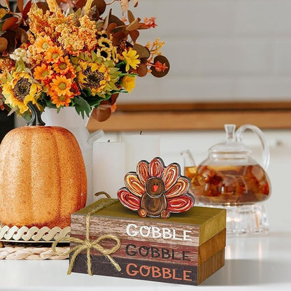 Smile Thanksgiving Wooden Decor Indoor, Turkey Decor Gobble Faux Books Bundle, Thanksgiving Table Tiered Tray Kitchen Decorations