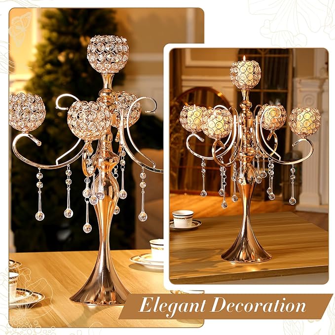 Dandat 8 Pcs 25.6'' 5 Arm Candelabra Candle Holder Centerpieces for Table Gold Crystal Candlestick Holders Tall Candle Stand for Wedding Dinner Halloween Christmas Party Decoration