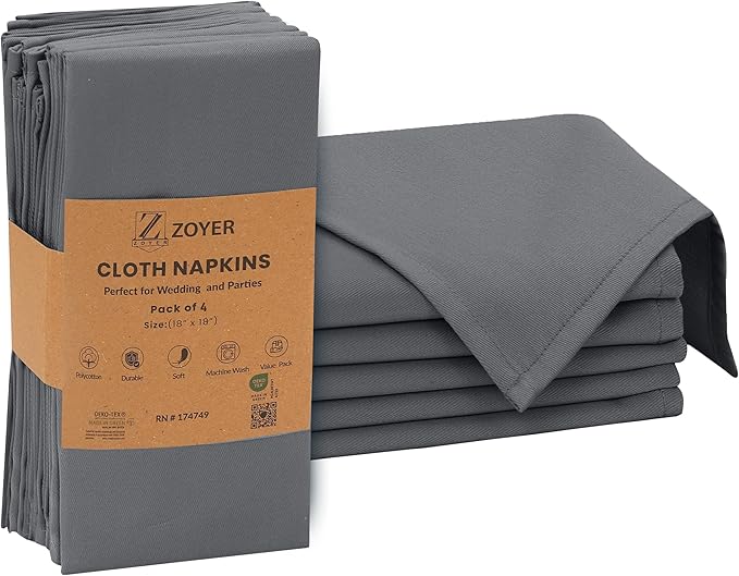 Zoyer Cloth Napkins Set of 4, 18x18 Inches Cotton Enrich Napkins Cloth ‎Washable, Soft & Durable Dinner Napkins for Parties, Wedding, Christmas, ‎Thanksgiving & Everyday Use - Charcoal Grey