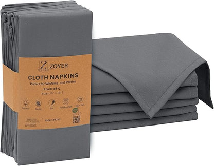 Zoyer Cloth Napkins Set of 4, 18x18 Inches Cotton Enrich Napkins Cloth ‎Washable, Soft & Durable Dinner Napkins for Parties, Wedding, Christmas, ‎Thanksgiving & Everyday Use - Charcoal Grey