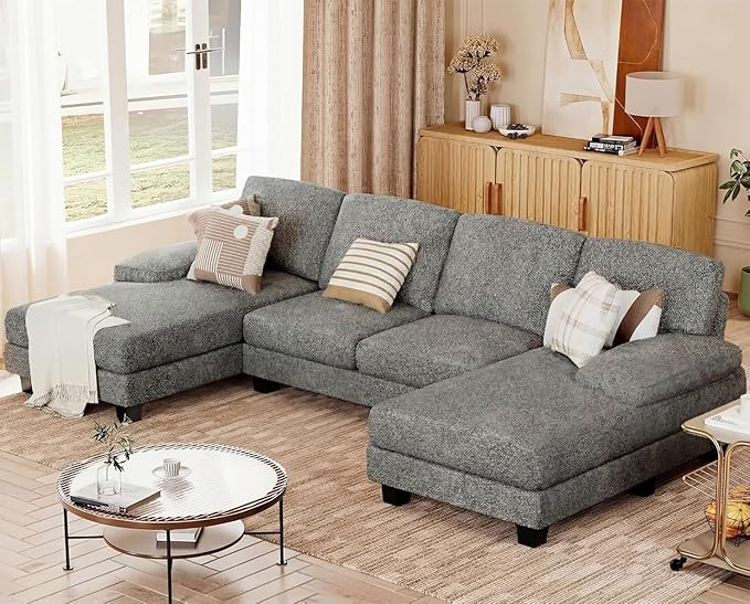 JUMMICO Sectional Couches for Living Room, U Shaped Couch with Chenille Fabric, 4 Seat Modern Sofa with Removable Pillows for Apartment and Small Space (Loop Yarn, Pearl Gray)