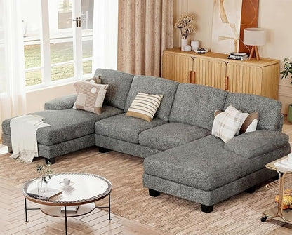 JUMMICO Sectional Couches for Living Room, U Shaped Couch with Chenille Fabric, 4 Seat Modern Sofa with Removable Pillows for Apartment and Small Space (Loop Yarn, Pearl Gray)