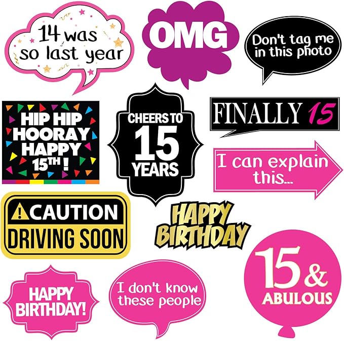 15th Birthday Photo Booth Party Props - 40 Pieces - Funny Kids Birthday Party Supplies, Decorations and Favors