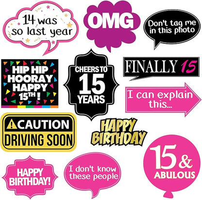 15th Birthday Photo Booth Party Props - 40 Pieces - Funny Kids Birthday Party Supplies, Decorations and Favors