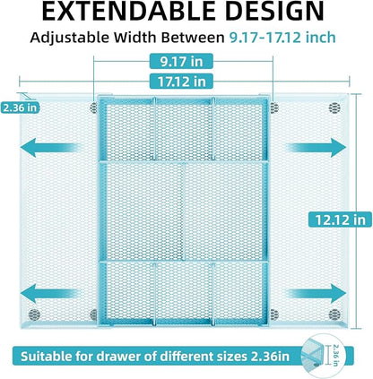 Marbrasse Expandable Desk Drawer Organizer, Mesh Drawer Organizer Tray with 10 Adjustable Compartments, Desk Organizers and Accessories for Office Supplies, Makeup & Vanity (Expandable-Blue)