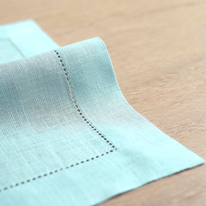 Solino Home Linen Cloth Placemats Set of 4-100% Pure Linen Hemstitch Aqua Blue Placemats 14 x 19 Inch - Classic Hemstitch Table Place Mats