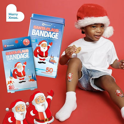BioSwiss Kids Bandages, Christmas Santa Claus Shaped Self Adhesive Bandage Set, Latex Free, Sterile Wound Care, 50 Count