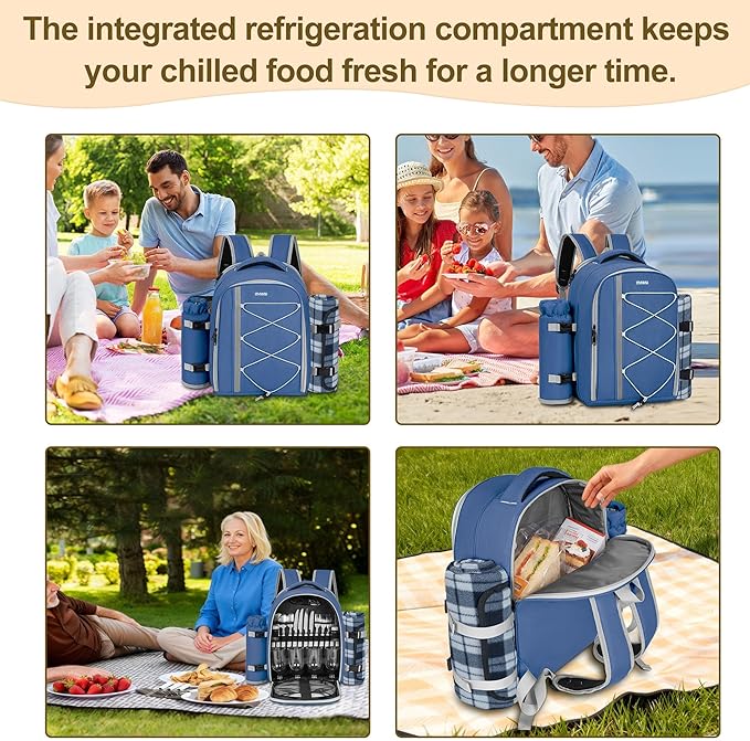Picnic Backpack for 4 Persons with Insulated Leakproof Cooler Compartment, Cutlery Sets, Wine Holder, Fleece Blanket, Wedding Gifts for Couples, Perfect for Beach, Camping, Hiking, Blue