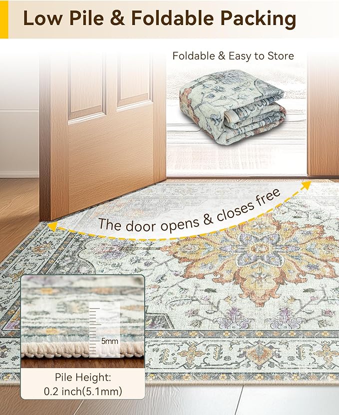 Area Rugs 2'x5' Runner Rug Non Slip Washable for Kitchen Hallway Bedroom Beside Laundry Room Bathroom Rug, Floor Carpet, Light Yellow Carbon Grey Orange