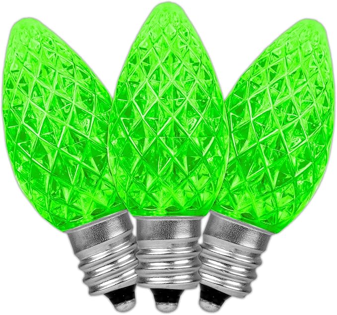 Novelty Lights 25pk Green C7 LED Faceted Christmas Light Replacement Bulbs, Ultra Bright Dimmable Replacement Lamps for Indoor/Outdoor Light Strings