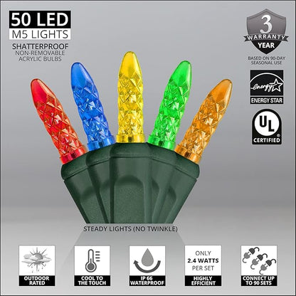 Wintergreen Lighting 50 M5 LED Multicolor Christmas Tree Lights Multicolor Mini Lights, 17 Ft, String Lights for Bedroom Dorm Room Lights Party Indoor-Outdoor Christmas Lights LED String Lights