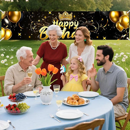 Nuxovilar Happy Birthday Banner Decorations 17.72x78.74 Inch Black Gold Crown Balloon Theme - Polyester for Indoor Outdoor Birthday Party Decor