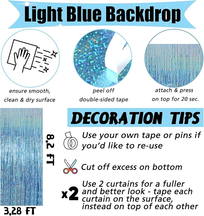 4 Pack Light Blue Fringe Curtain Backdrop, 3.2Ft x 8.2Ft Sparkle Metallic Tinsel Foil Fringe Streamers Background for Photo Booth Birthday Wedding Baby Shower Party Thanksgiving Christmas Decorations