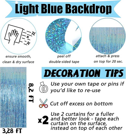 4 Pack Light Blue Fringe Curtain Backdrop, 3.2Ft x 8.2Ft Sparkle Metallic Tinsel Foil Fringe Streamers Background for Photo Booth Birthday Wedding Baby Shower Party Thanksgiving Christmas Decorations