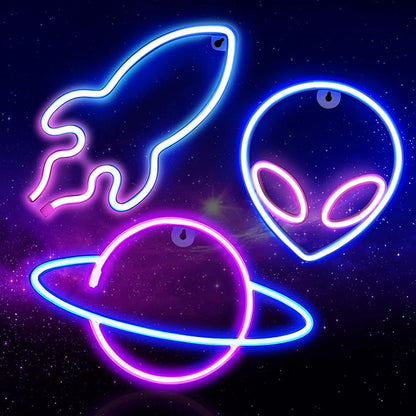 Neon Signs for Wall Decor, 3PCS LED Neon Lights for Bedroom,USB or Battery Powered Light Up Space Element Alien Planet Rocket for Kids,Teen Boys,Gaming Room,Bar,Birthday,Cool Decoration Aesthetic