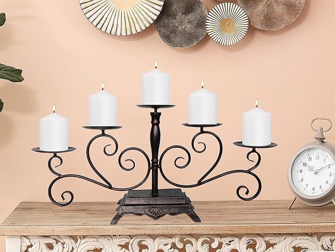 Fireplace Candle Holder 5 Candelabra for Pillar Candles Black Candle Stand - Iron Table Tealight Candle Holder Decor (5 Candelabra Pillar)
