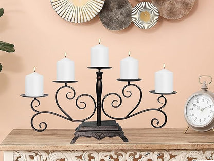 Fireplace Candle Holder 5 Candelabra for Pillar Candles Black Candle Stand - Iron Table Tealight Candle Holder Decor (5 Candelabra Pillar)