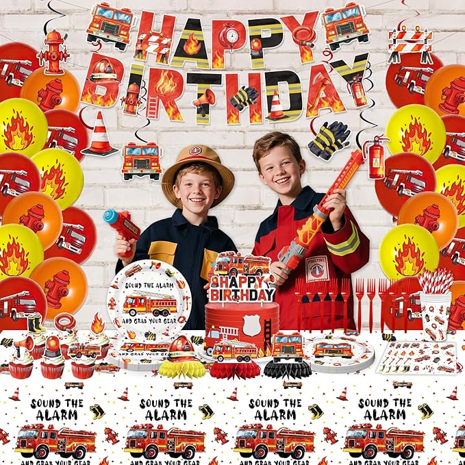 Fire Truck Party Supplies Firetruck Birthday Decorations Firefighter Disposable Plates Napkins Set, Banner, Hanging Swirls, Tablecloth, Cake Topper, Balloon, Fireman Honeycomb Centerpieces
