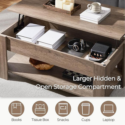 Yaheetech Lift Top Coffee Table with Hidden Compartment and Storage Shelf, Rising Tabletop Dining Table for Living Room Reception Room, 38.6in L, Grey