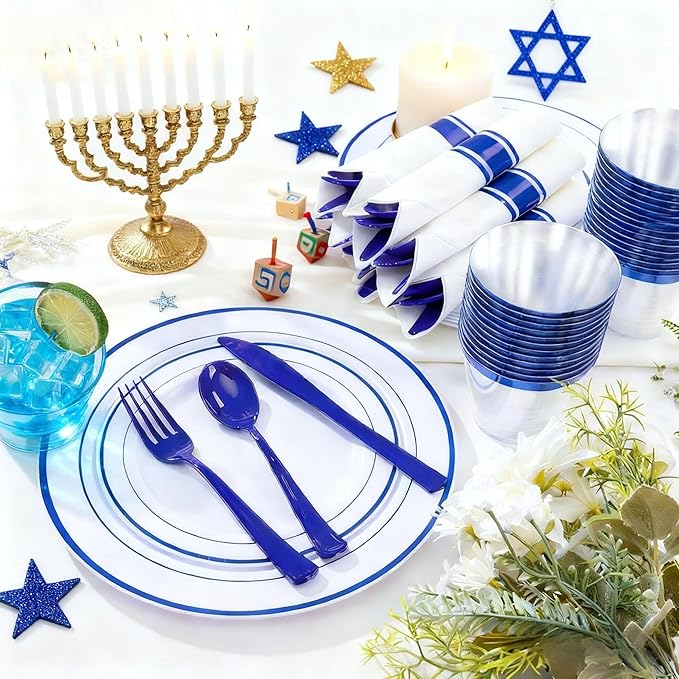WELLIFE 350 Pcs Blue Plastic Plates for 50 Guests - Plastic Dinnerware Set,Party Supplies Includes 100 Blue Disposable plates,150 Silverware,50 Napkins,50 Cups,Hanukkah Plates