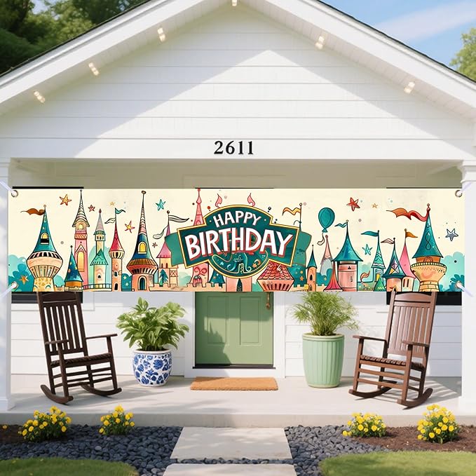 Nuxovilar Happy Birthday Banner Decorations 17.72x78.74 Inch Castle Theme - Polyester for Indoor Outdoor Birthday Party Decor