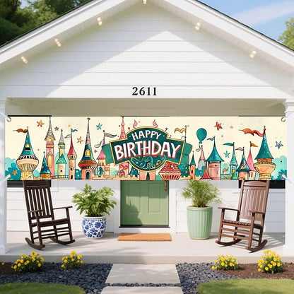 Nuxovilar Happy Birthday Banner Decorations 17.72x78.74 Inch Castle Theme - Polyester for Indoor Outdoor Birthday Party Decor
