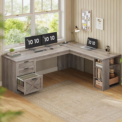 SEDETA Farmhouse 67" L Shaped Desk with 3 Drawers, Executive Desk, Home Office Desks with Storage Shelves, Corner Computer Desk with Power Outlets for Home Office, Grey