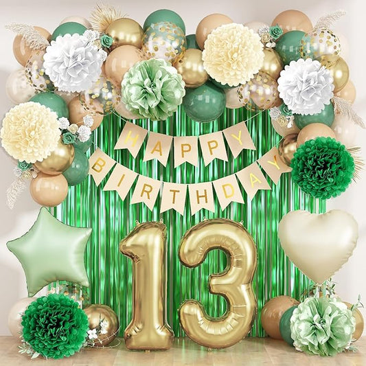 Sage Green 13th Birthday Decorations for Boys Girls Gold Number 13 Balloon Nude Gold Happy Birthday Banner Fringe Curtain Paper Pom Poms Olive Green Cream White Sand Star Foil Balloons Party Decor
