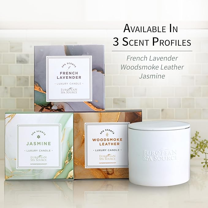 European Spa Source Jasmine Luxury Candle for Aromatherapy, Soy Wax Candle, Hand Poured, at Home Spa Experience Promoting Relaxation, 45 Hours of Burn Time