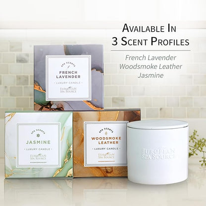 European Spa Source Woodsmoke + Leather Luxury Candle for Aromatherapy, Soy Wax Candle, Hand Poured, at Home Spa Experience Promoting Relaxation, 45 Hours of Burn Time