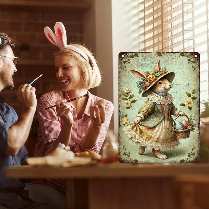 Vintage Easter Bunny Metal Sign Easter Eggs Rustic Farmhouse Wall Art For Indoor Outdoor Home Garden Decor 12x16Inch