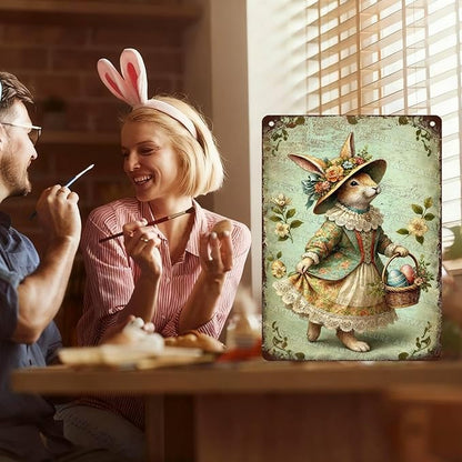 Vintage Easter Bunny Metal Sign Easter Eggs Rustic Farmhouse Wall Art For Indoor Outdoor Home Garden Decor 12x16Inch