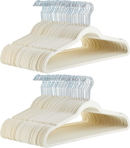 Amazon Basics Slim Velvet Non-Slip Space Saving Suit Clothes Hangers for Closet Organization, Ivory/Beige, 100-Pack