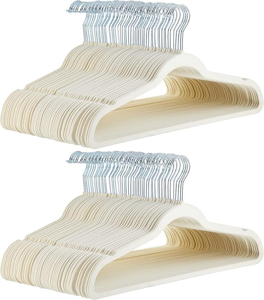 Amazon Basics Slim Velvet Non-Slip Space Saving Suit Clothes Hangers for Closet Organization, Ivory/Beige, 100-Pack