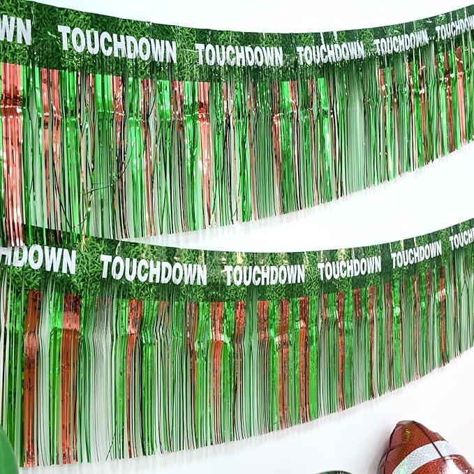 LOLStar Super Ball Party Decorations 2Packs 39 Feet Foil Fringe Garland Football Themed Tinsel Streamers Green Brown Metallic Hanging Backdrop Banner Table Skirts Parade Floats Super Ball Sunday Party