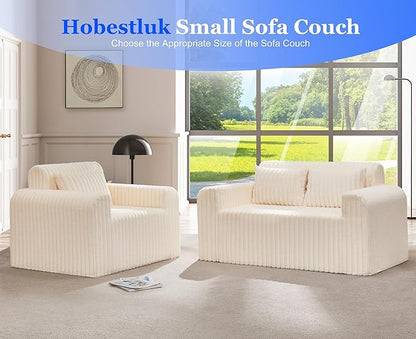 Hobestluk Single Sofa Foam Couch Sofa for Small Spaces Comfy Sofas with Removable Cover Furry Couch with Pillows for Living Room, Bedroom, Apartment, Office (White, Standard)