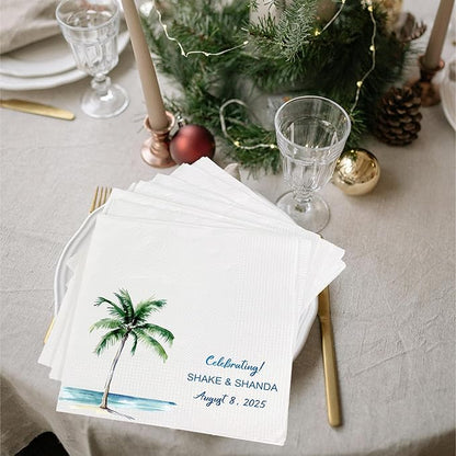 Luxury Custom Cocktail Napkins Wedding, Pack 50 100 150 500 Anniversary Party, Monogram Initials, Rehearsal Dinner Table Decor, Beverage & Luncheon, Saga Green, White Decor Style 4