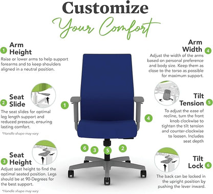 HON Ignition 2.0 Mid Back Task Chair, Spectrum Mesh, Standard Synchro-Tilt Control, Office Chair with Lumbar Support, Height and Width Adjustable Arms, Titanium Frame, Cobalt