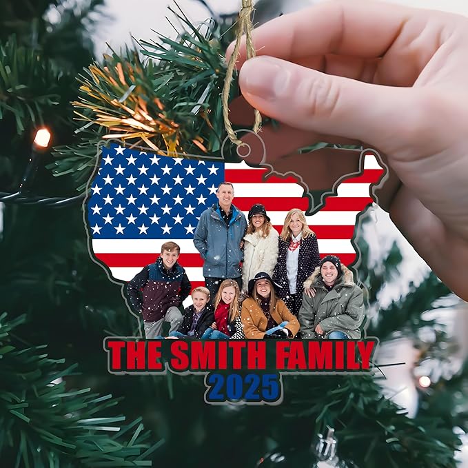 God Family Country Ornament 2025 – Personalized Acrylic USA Flag Ornament, Custom Photo Patriotic Christmas Tree Decoration, Memorial Keepsake Gift for Family, Veterans & Proud Americans