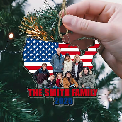 God Family Country Ornament 2025 – Personalized Acrylic USA Flag Ornament, Custom Photo Patriotic Christmas Tree Decoration, Memorial Keepsake Gift for Family, Veterans & Proud Americans