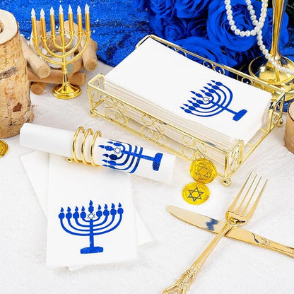 50 Pack Hanukkah Napkins - Blue and White Paper Napkins - Heavy Duty Cloth-Like Feel Napkin with Menorah Candles - Disposable Hand Towels for Kitchen Table Bathroom Holiday Decor
