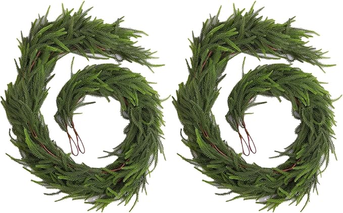 6ft 2Pcs Norfolk Pine Garland - Realistic Christmas Greenery Garland with Real Touch PE Leaves for Mantle, Table, Fireplace, Indoor, Outdoor Christmas Decorations