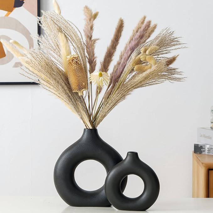 Modern Donut-Shaped Decorative Vases, Handmade Minimalist Boho ins Style, Modern Vase for Home Decor for Wedding Dinner Table Party Living Room Office Bedroom (Black, Large + Small)