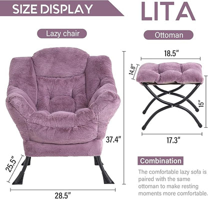 LITA Lazy Chair with Ottoman, Modern Accent Leisure Upholstered Sofa Chair, Lounge Reading Chair with Armrests and a Side Pocket for Living Room, Bedroom & Small Space