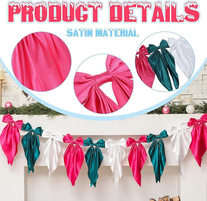 VitalCozy 1 PCS Christmas Bow Garland Banner, Satin Ribbon Hanging Party Bow Garland Decoration for Holiday Birthday Party Supplies