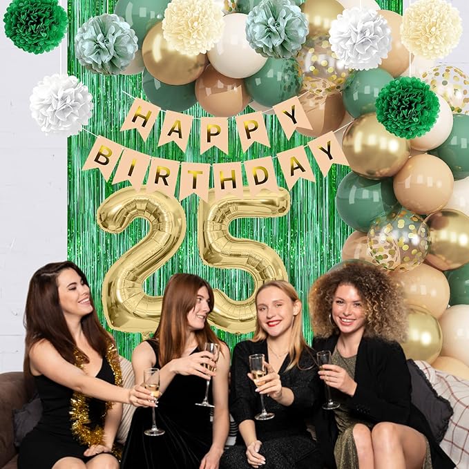 Sage Green 25th Birthday Decorations for Him Gold Number 25 Balloon Nude Gold Happy Birthday Banner Fringe Curtain Paper Pom Poms Olive Green Cream White Sand Star Foil Balloons Party Decor