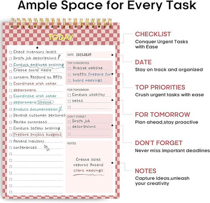 Taja To Do List Notepad - To Do List Notebook for Work with 52 Sheets, 9.8" x 6.5", Undated Daily Planner Perfect for Daily Tasks and Goal Setting, Notepad Suitable for Office, Home & School - Rose Checkered